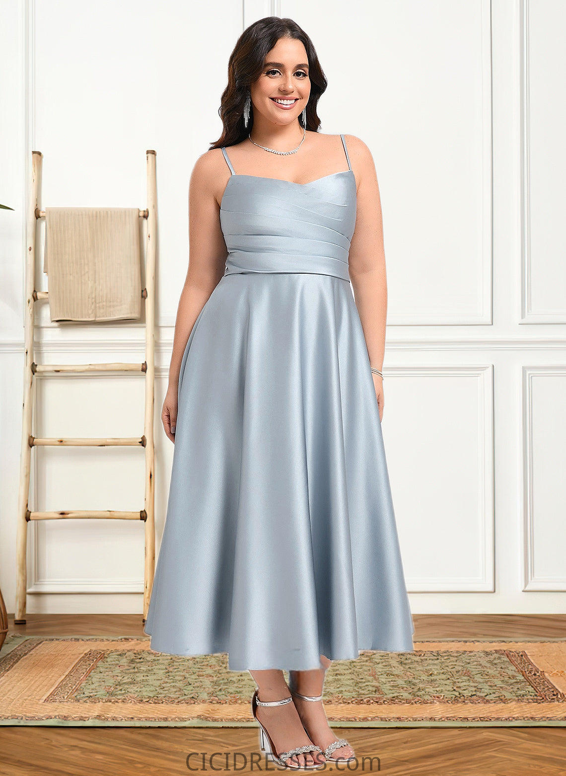 Lyric A-line V-Neck Tea-Length Satin Bridesmaid Dress CIC8P0025794