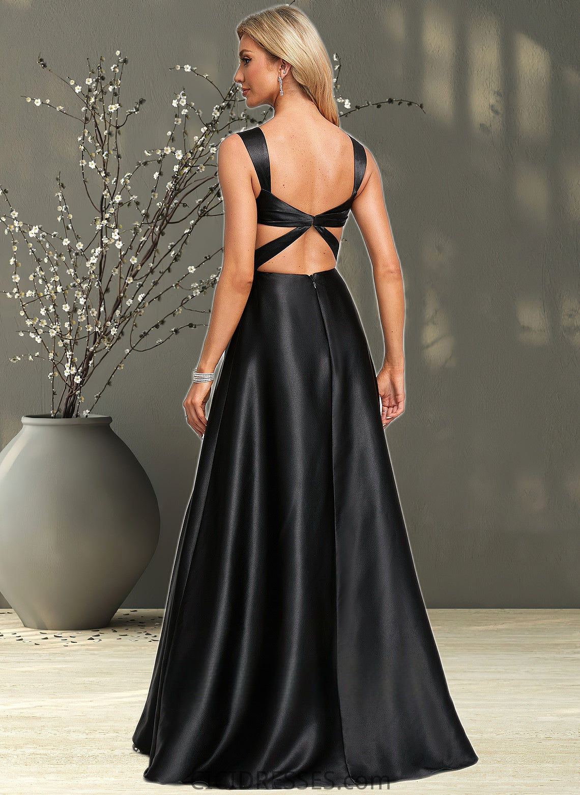 Janessa A-line V-Neck Floor-Length Stretch Satin Prom Dresses With Bow CIC8P0025882