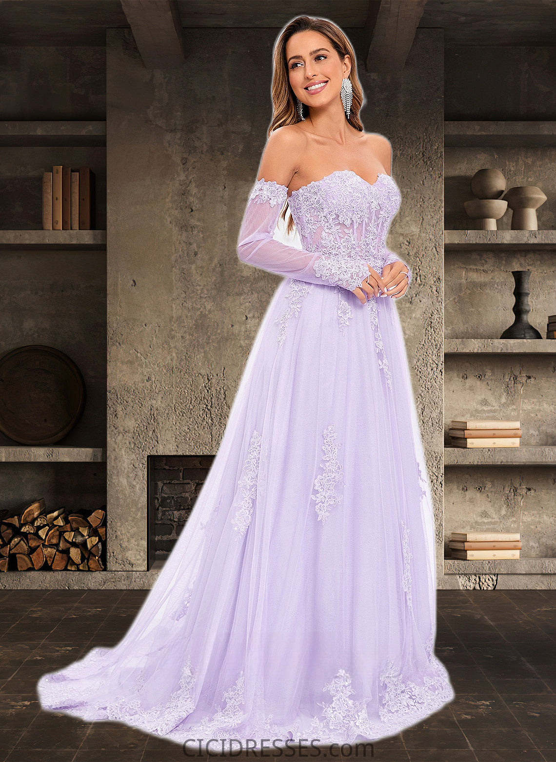 Pancy A-line Sweetheart Sweep Train Tulle Prom Dresses With Sequins Appliques Lace CIC8P0025856