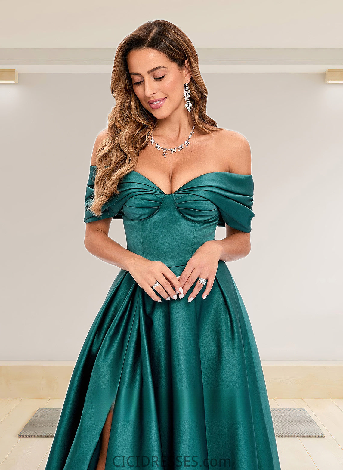 Katherine A-line Off the Shoulder Floor-Length Satin Prom Dresses With Pleated CIC8P0025851