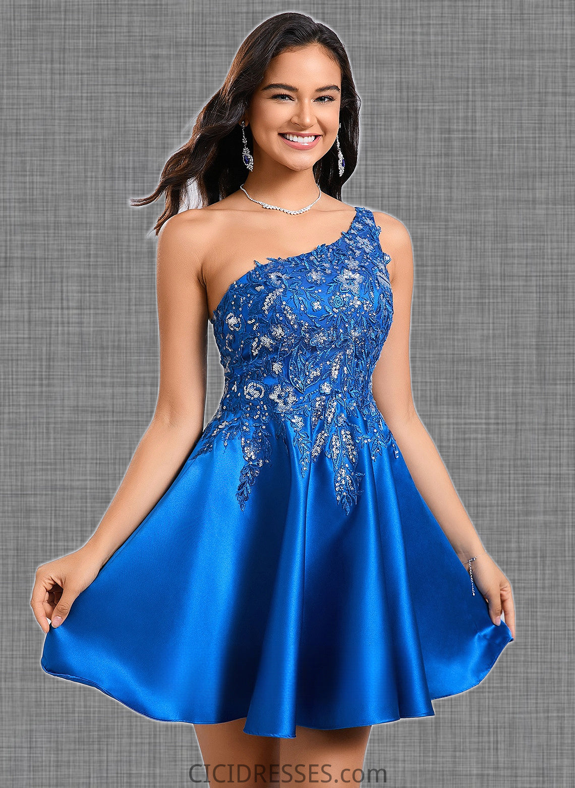 Kaydence A-line One Shoulder Short Satin Homecoming Dress With Appliques Lace Sequins CIC8P0025657