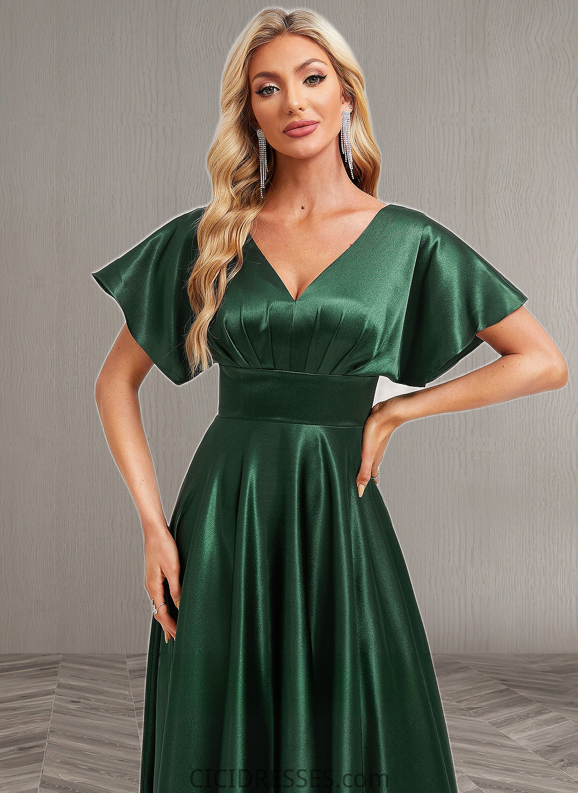 Sophronia A-line V-Neck Floor-Length Stretch Satin Bridesmaid Dress CIC8P0025782