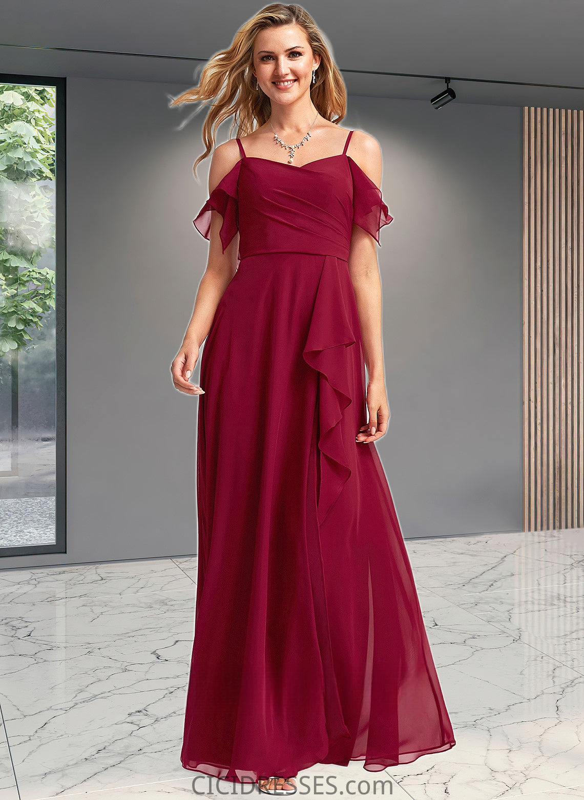 Kaelyn A-line Cold Shoulder Floor-Length Chiffon Bridesmaid Dress With Ruffle CIC8P0025755