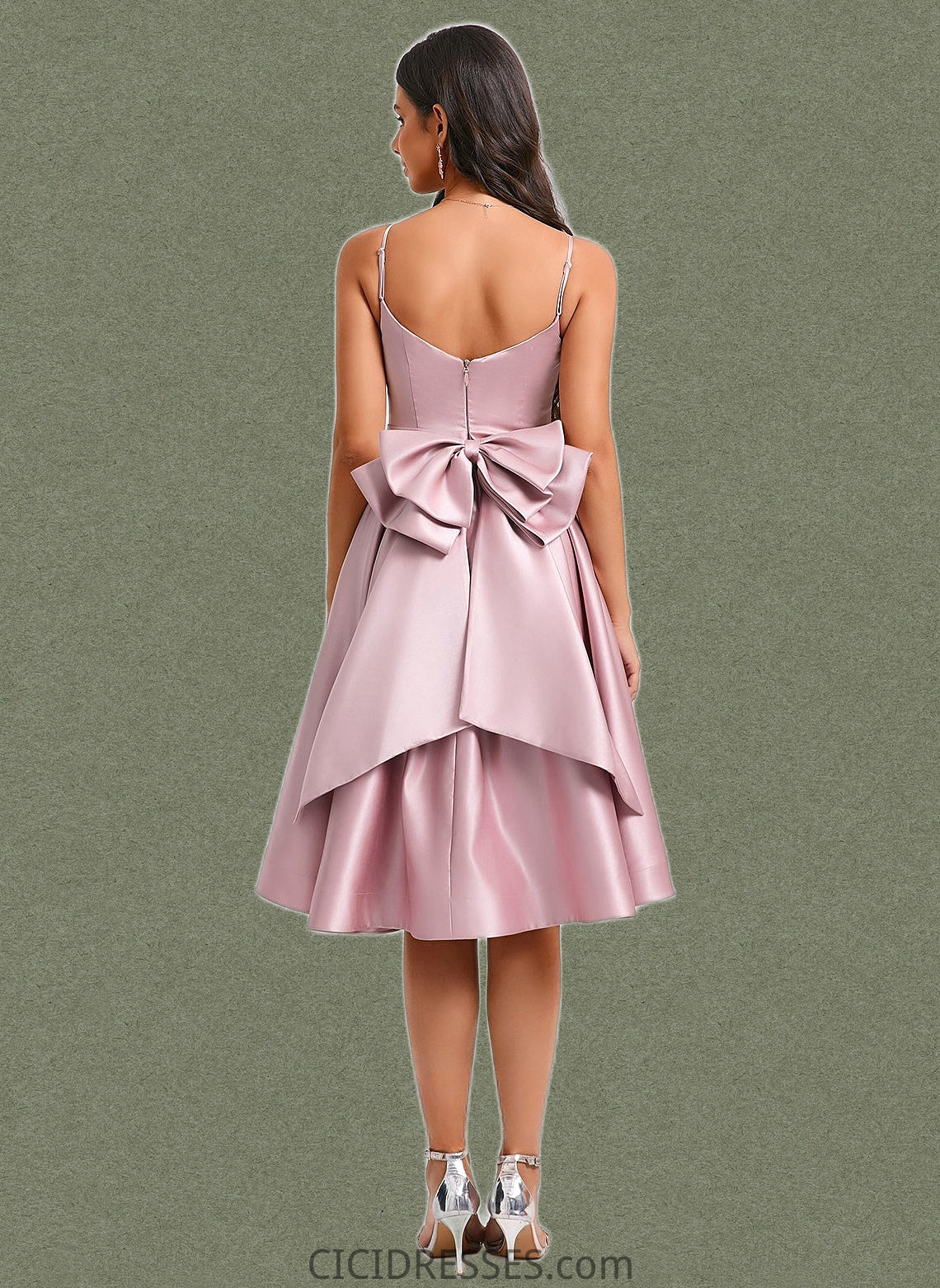 Vicky A-line V-Neck Asymmetrical Satin Homecoming Dress With Bow Pleated CIC8P0025699