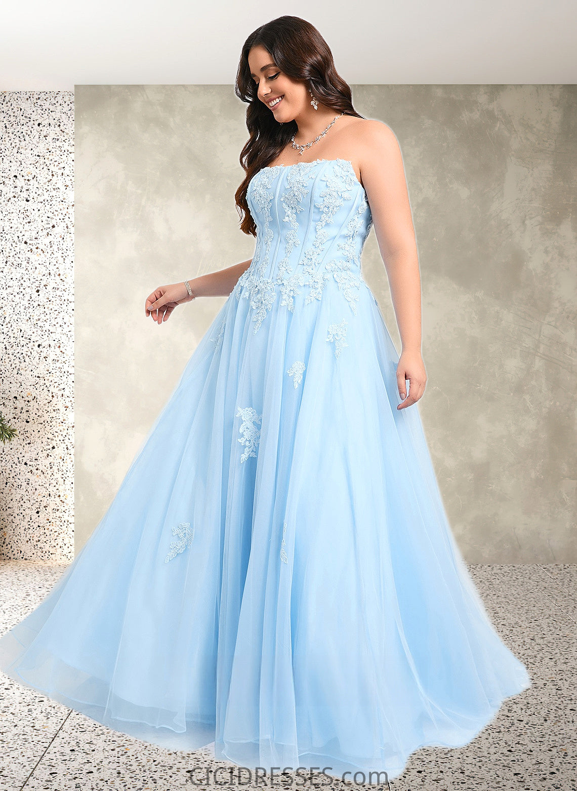 Alejandra Ball-Gown/Princess Straight Sweep Train Tulle Prom Dresses With Sequins Appliques Lace CIC8P0025864