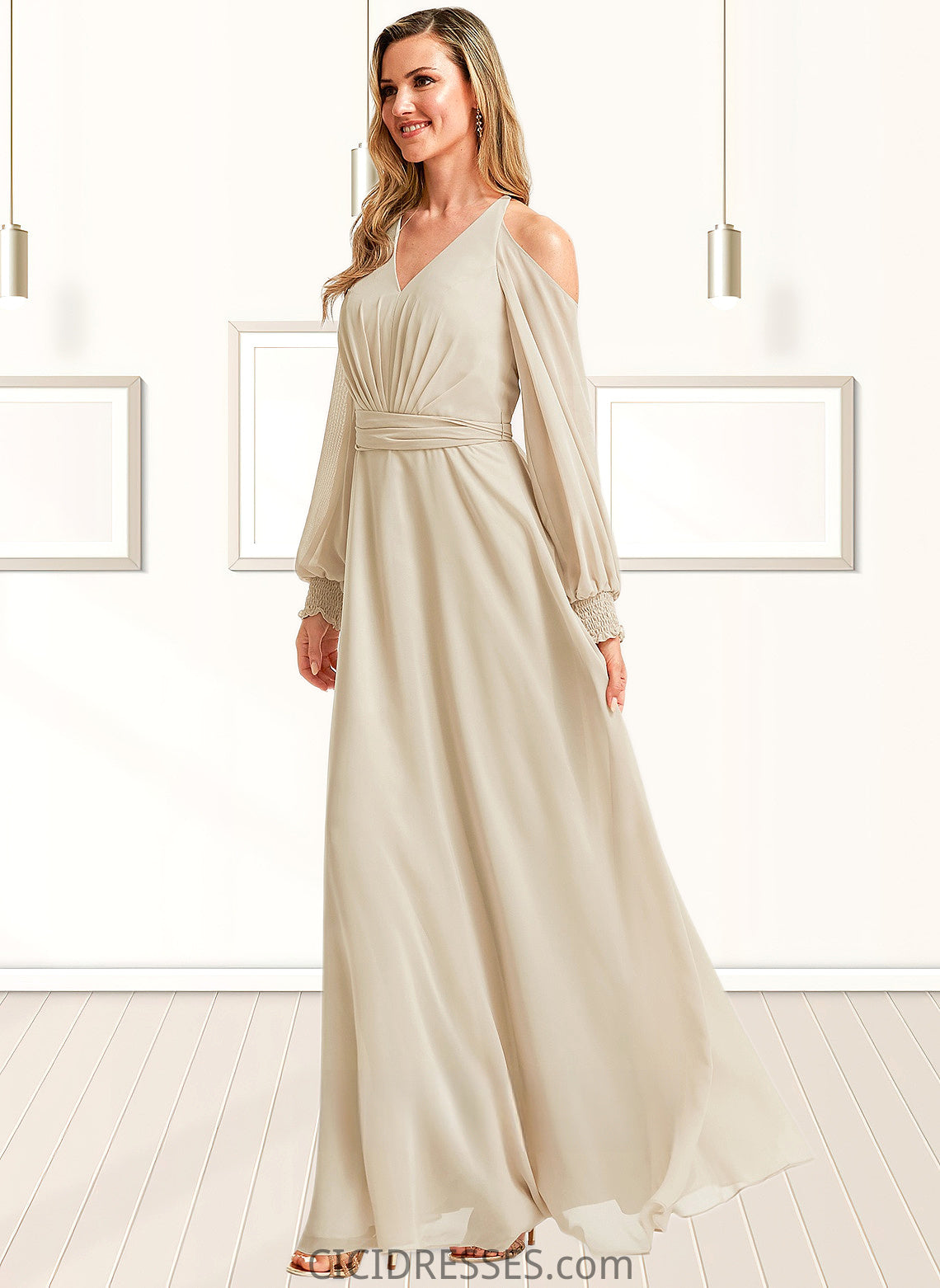 Julissa A-line Cold Shoulder Floor-Length Chiffon Bridesmaid Dress CIC8P0025760