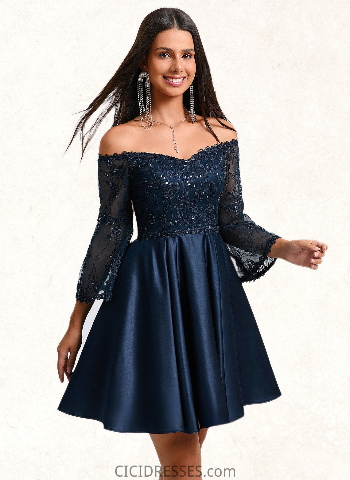 Emery A-line Off the Shoulder Short Satin Homecoming Dress With Sequins CIC8P0025651