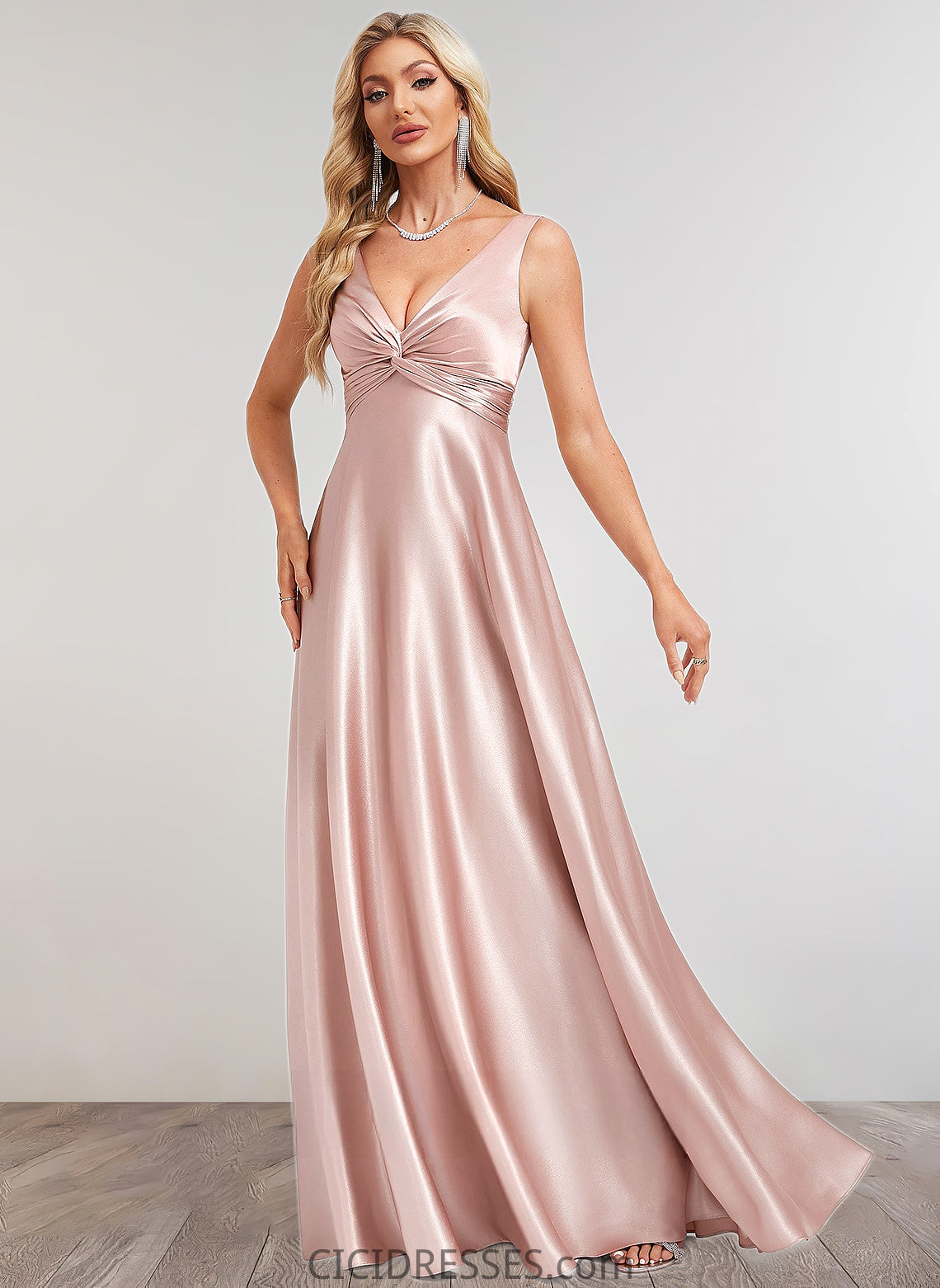 Dalia A-line V-Neck Floor-Length Stretch Satin Bridesmaid Dress CIC8P0025779