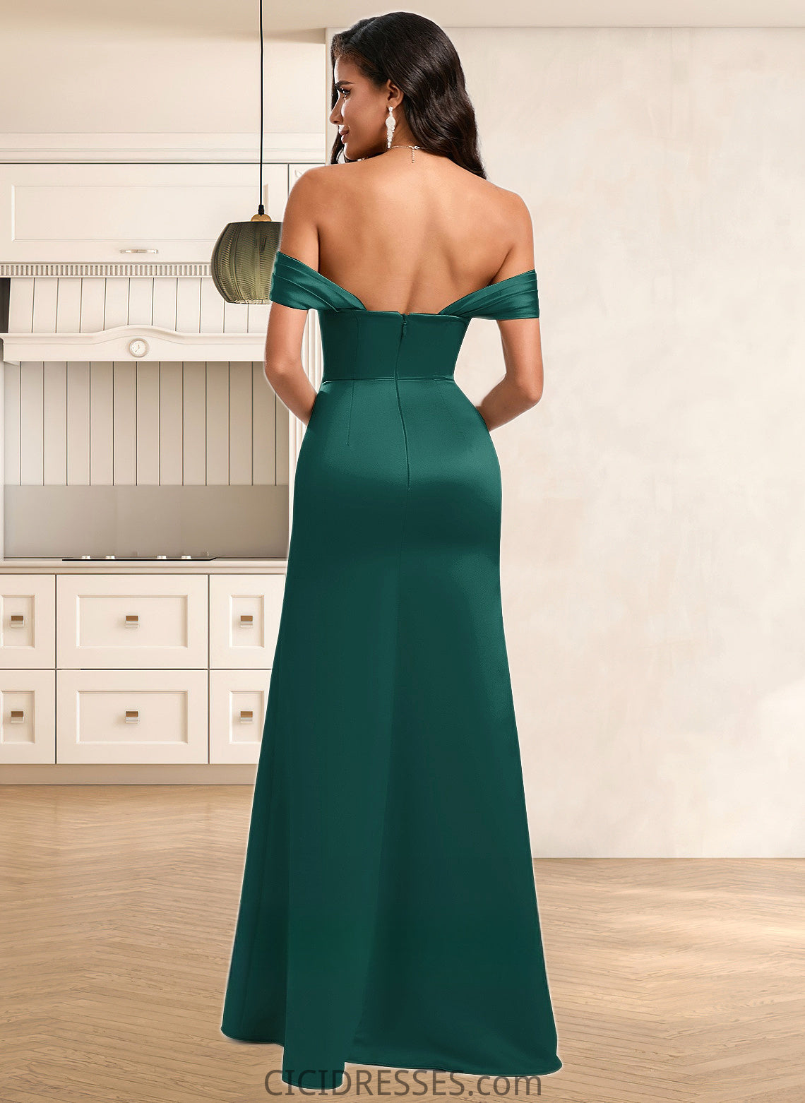 Ximena Trumpet/Mermaid Off the Shoulder Square Floor-Length Satin Prom Dresses With Ruffle CIC8P0025883