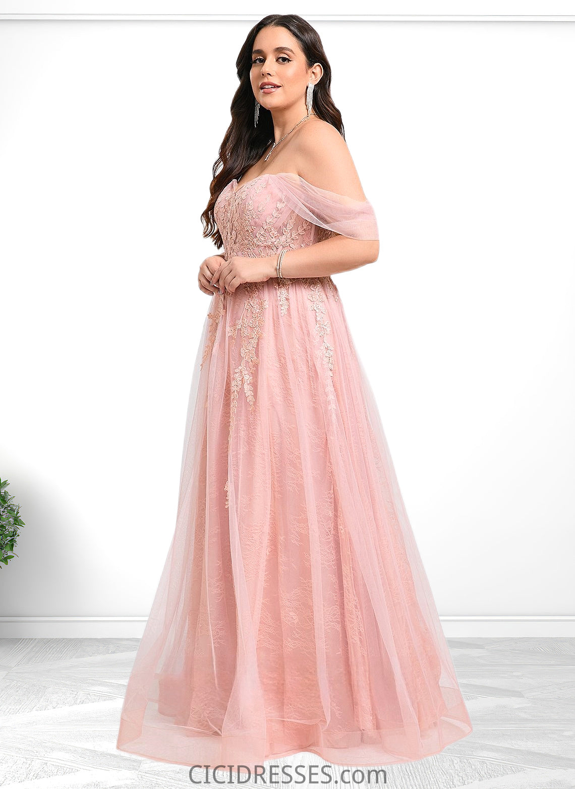 Kayley A-line Sweetheart Off the Shoulder Floor-Length Tulle Floral Lace Prom Dresses With Appliques Lace CIC8P0025870