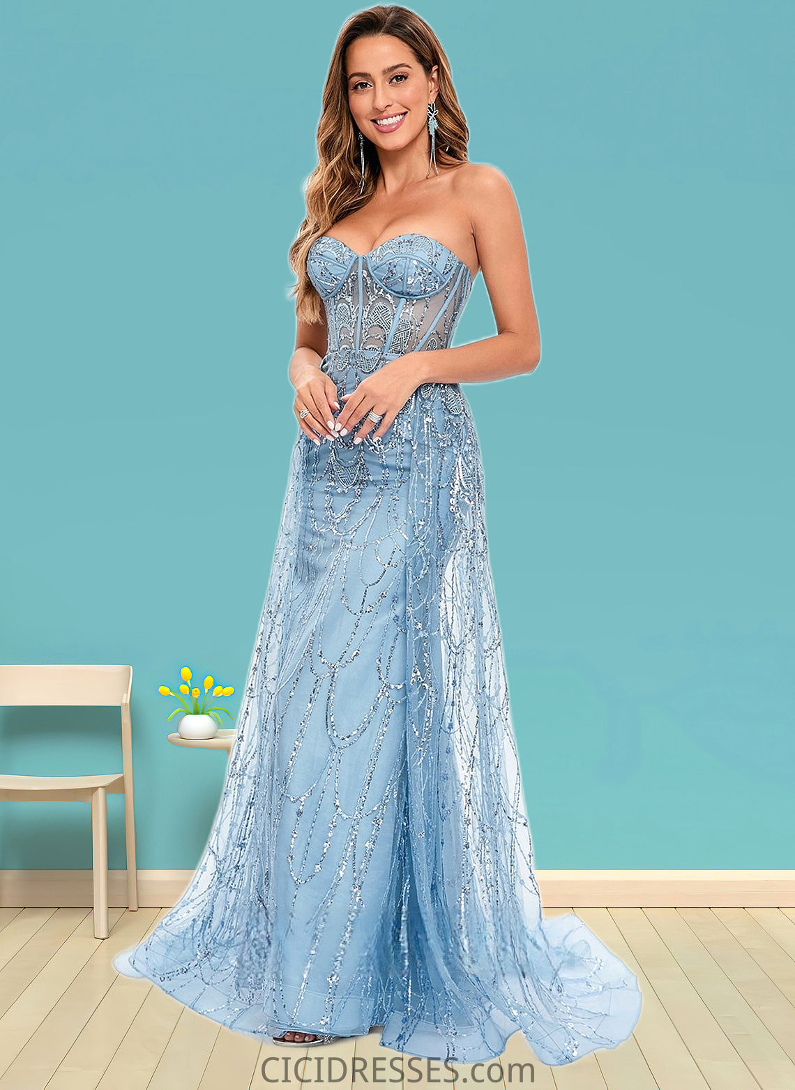 Emilie Sheath/Column Sweetheart Sweep Train Sequin Tulle Prom Dresses With Sequins CIC8P0025860