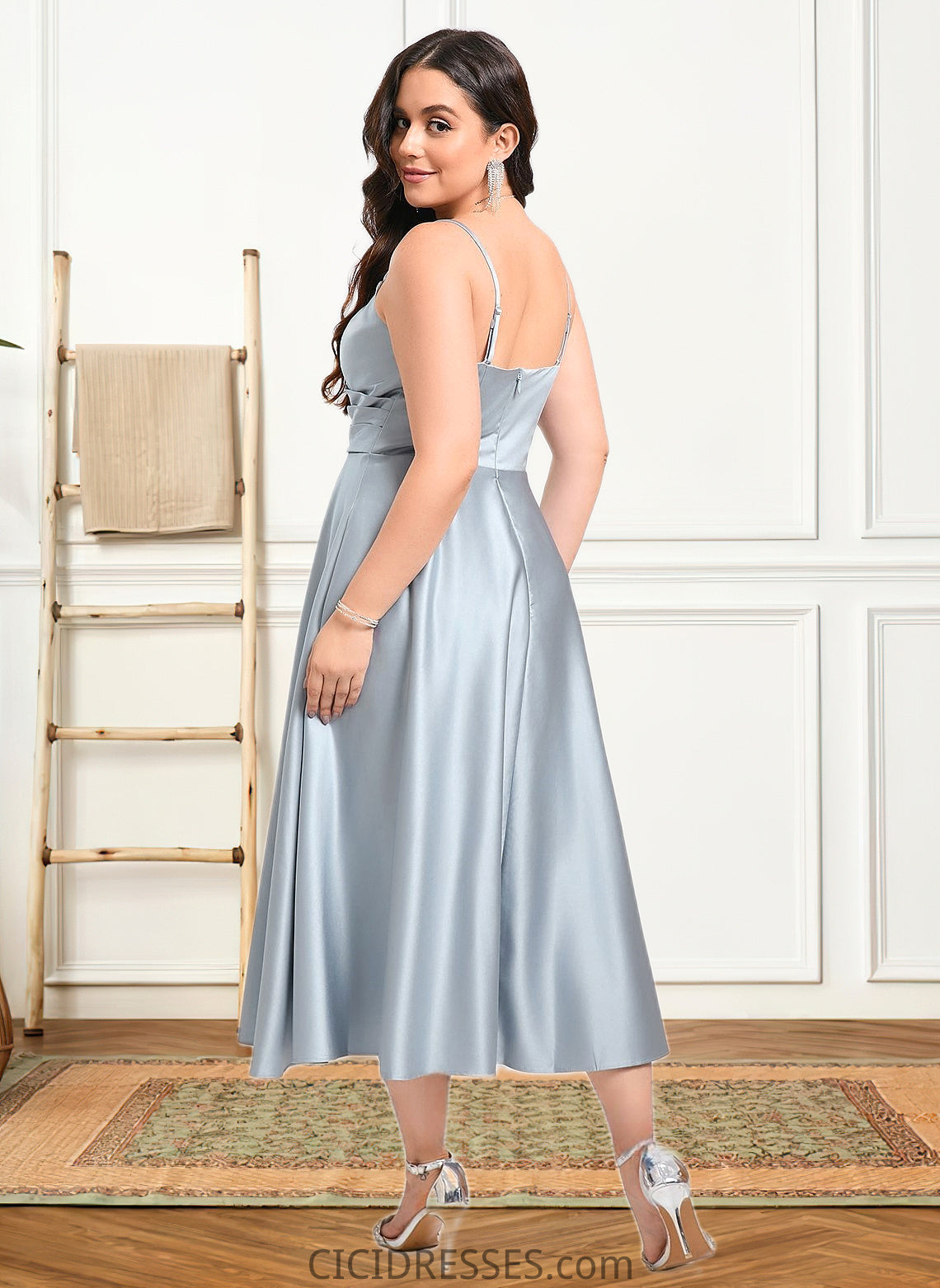 Lyric A-line V-Neck Tea-Length Satin Bridesmaid Dress CIC8P0025794