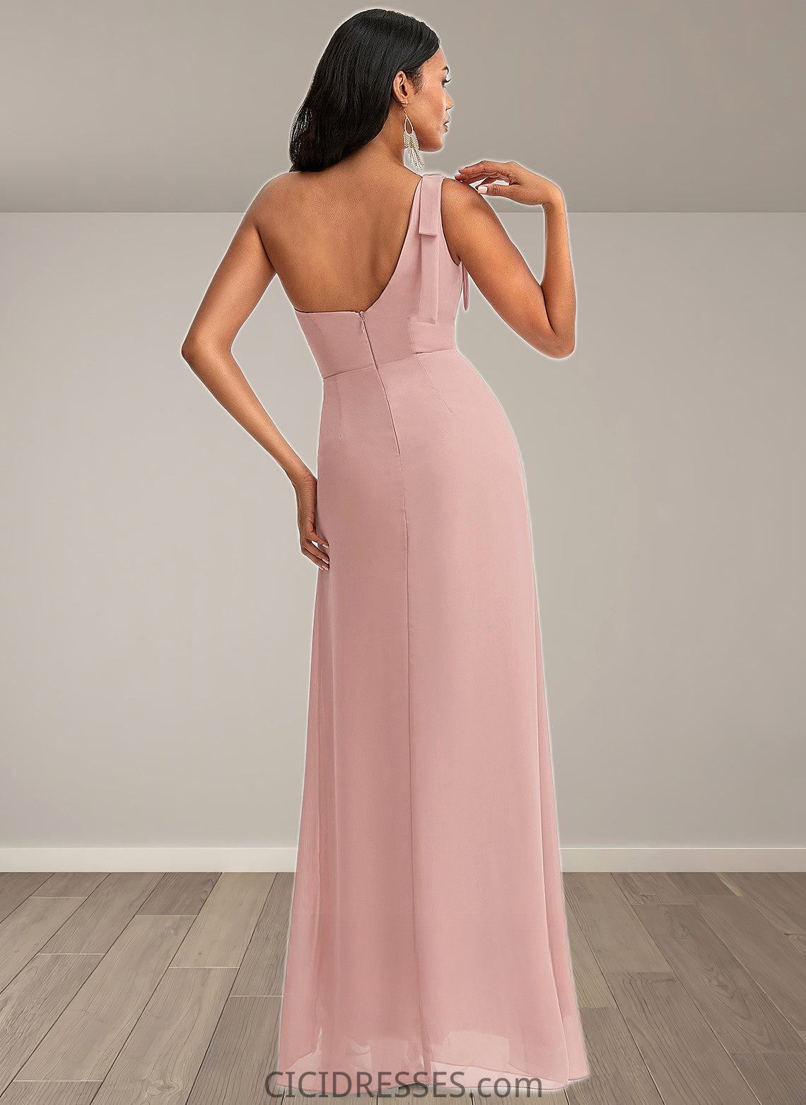 Rebecca A-line One Shoulder Floor-Length Chiffon Bridesmaid Dress With Bow CIC8P0025748