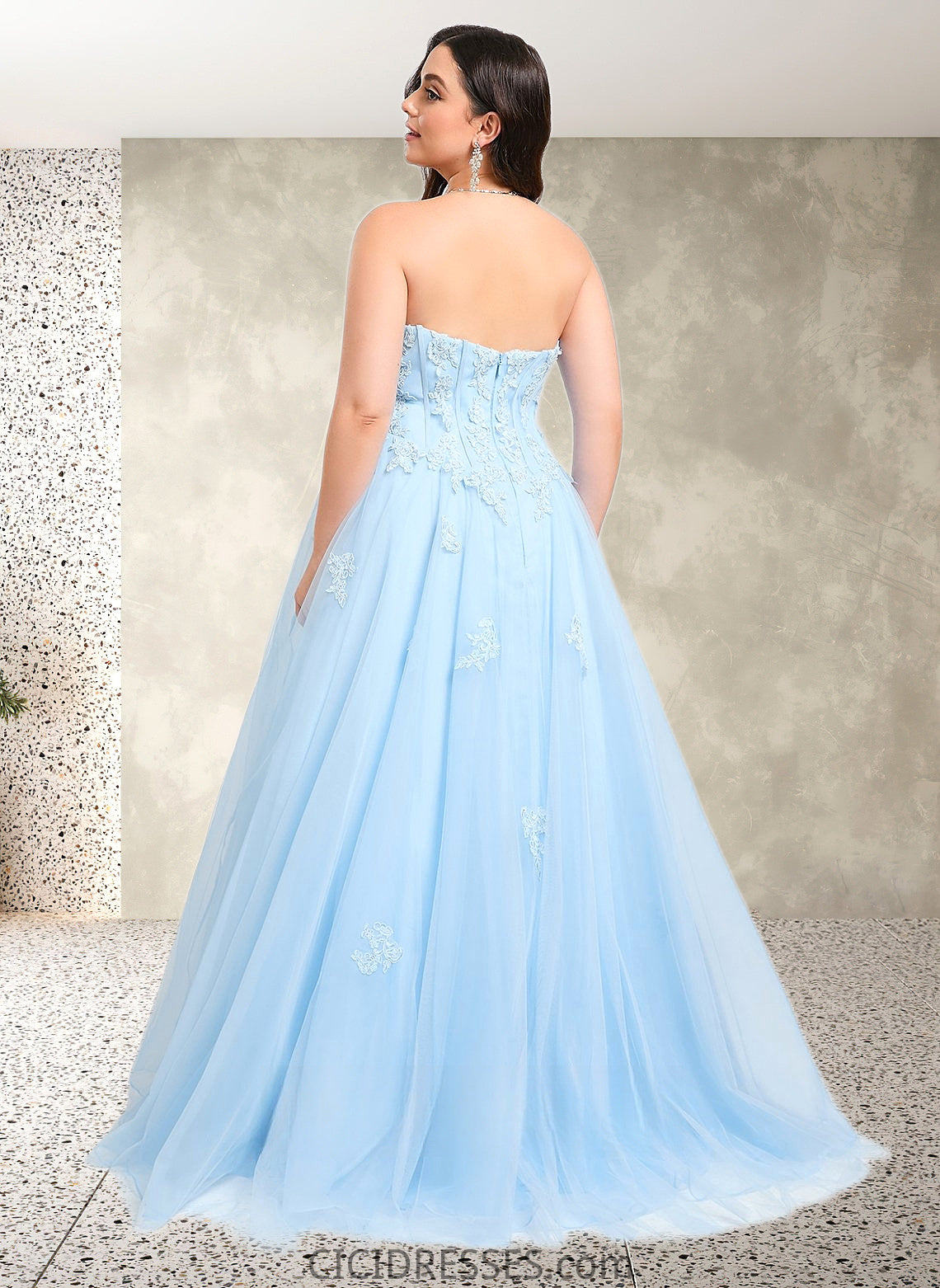 Alejandra Ball-Gown/Princess Straight Sweep Train Tulle Prom Dresses With Sequins Appliques Lace CIC8P0025864