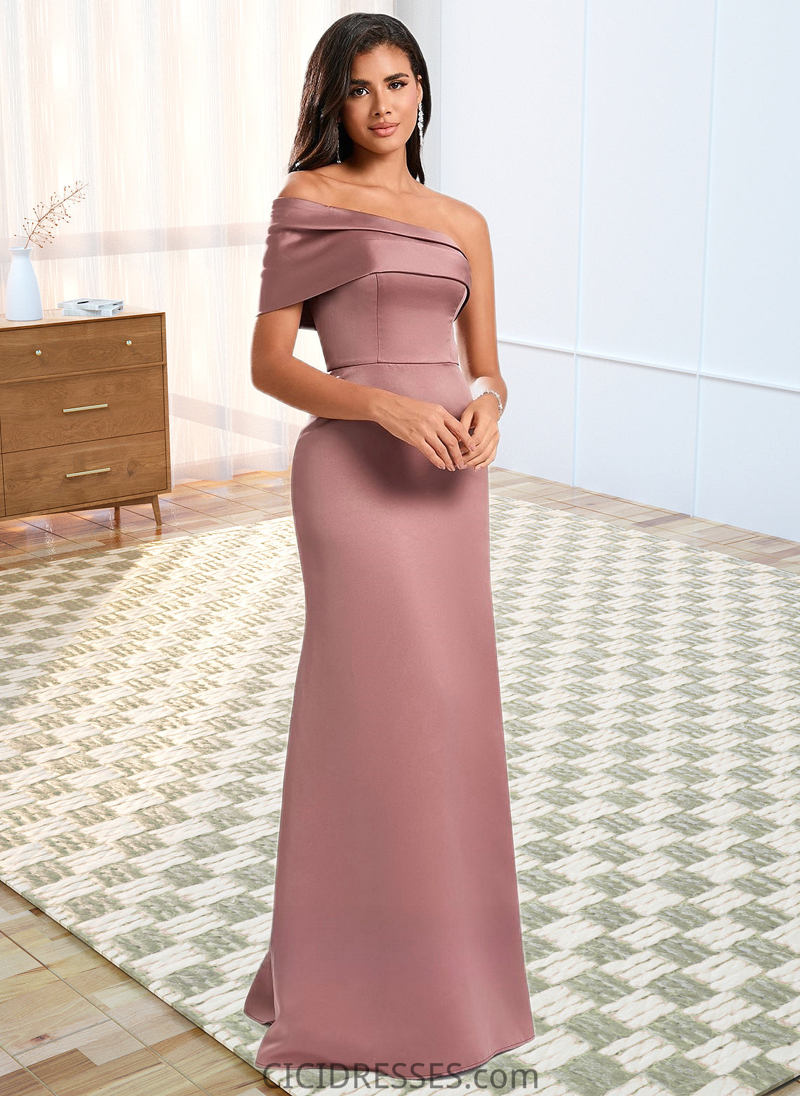 Nylah A-line Asymmetrical Off the Shoulder Floor-Length Satin Prom Dresses CIC8P0025884