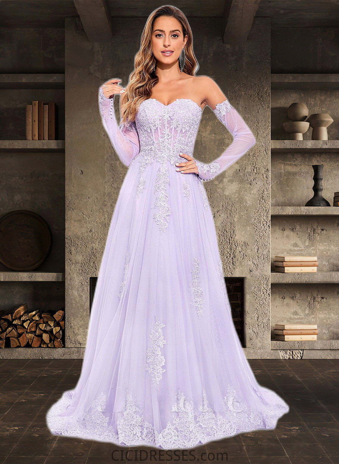 Pancy A-line Sweetheart Sweep Train Tulle Prom Dresses With Sequins Appliques Lace CIC8P0025856