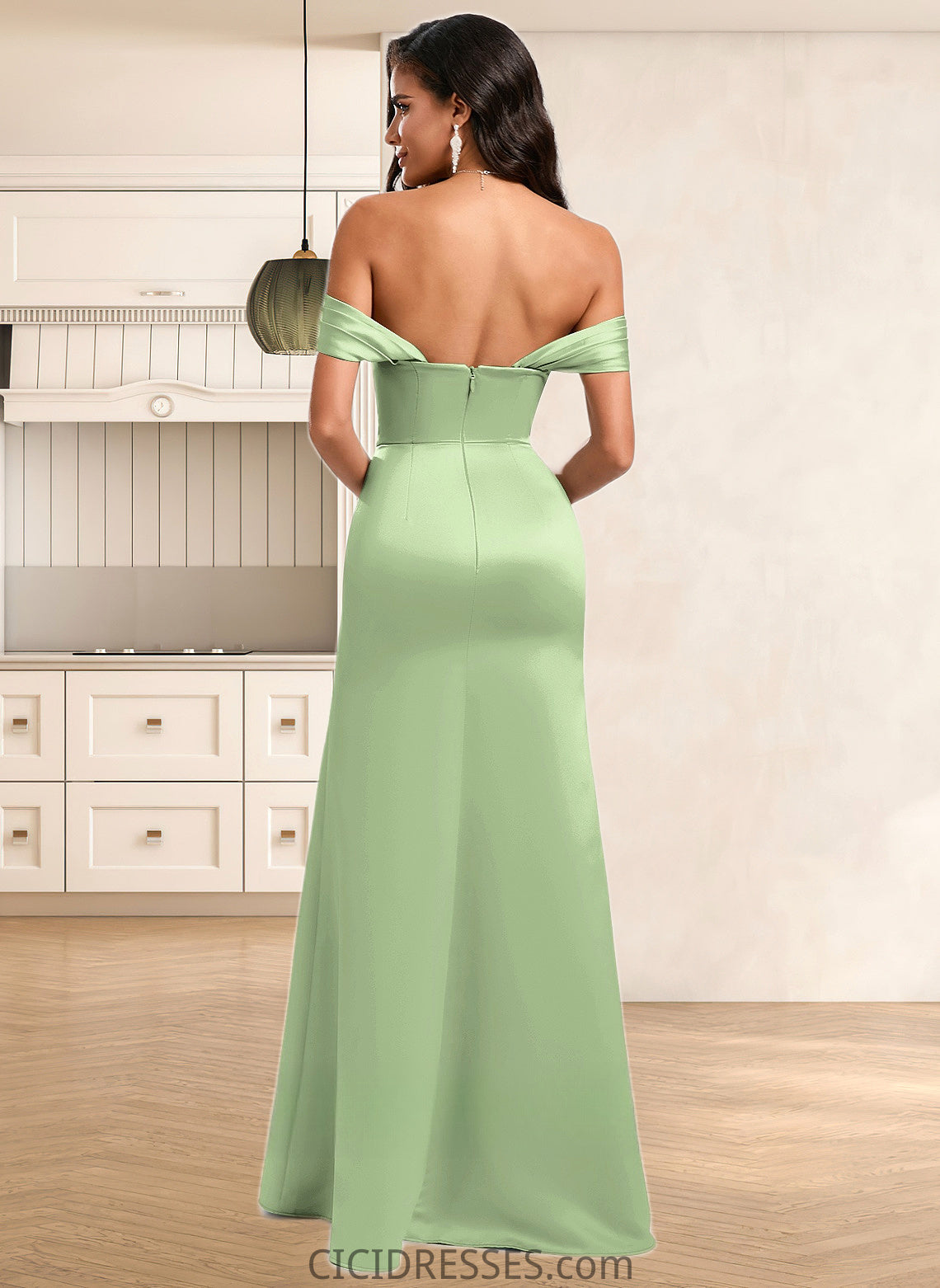 Ximena Trumpet/Mermaid Off the Shoulder Square Floor-Length Satin Prom Dresses With Ruffle CIC8P0025883