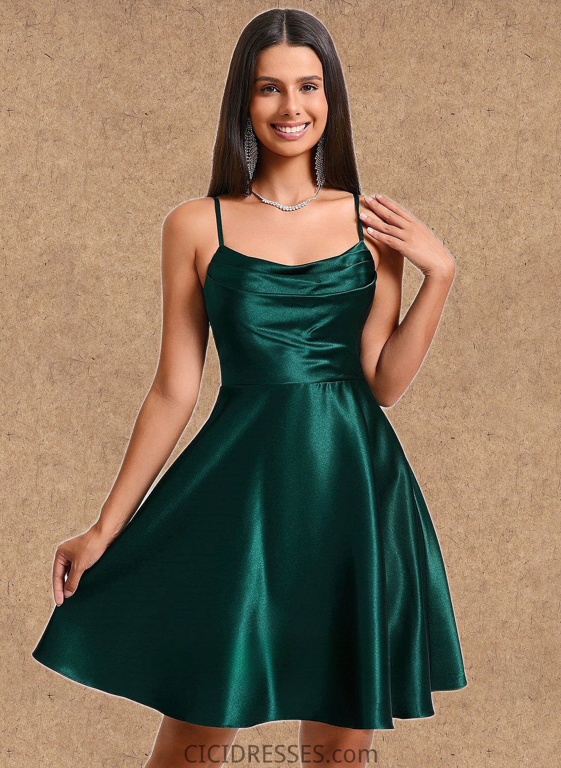 Juliette A-line Cowl Short Stretch Satin Homecoming Dress CIC8P0025664