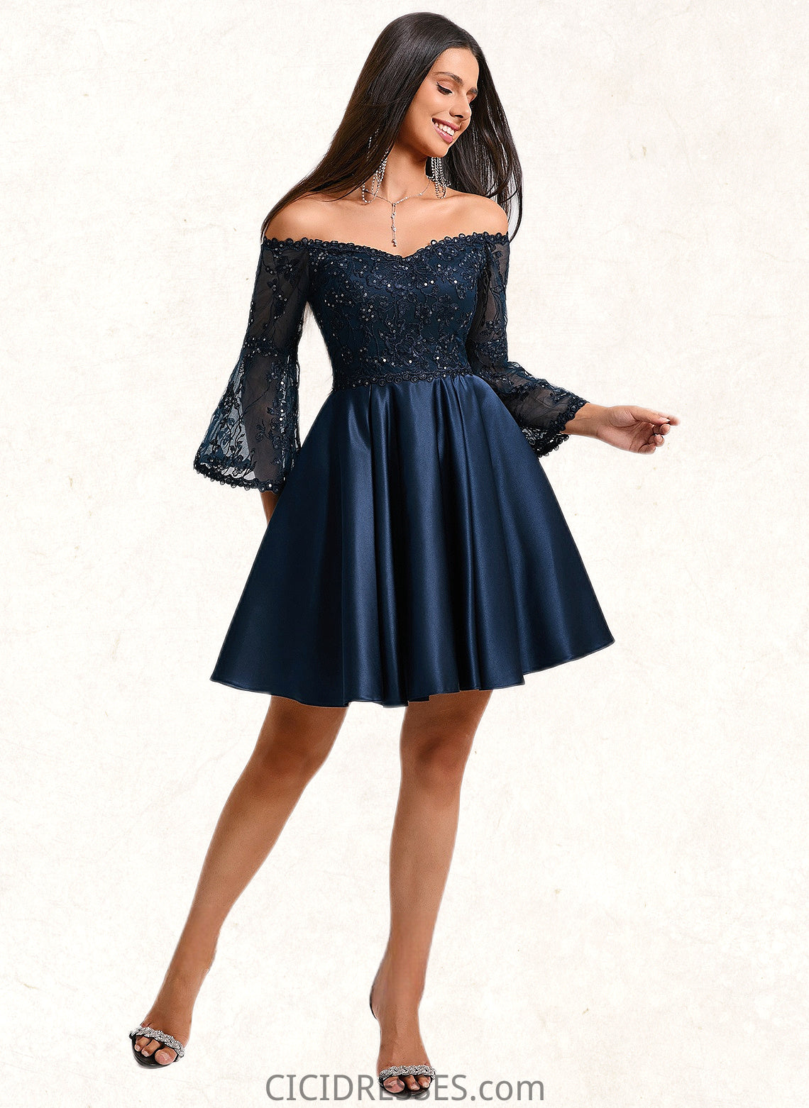 Emery A-line Off the Shoulder Short Satin Homecoming Dress With Sequins CIC8P0025651