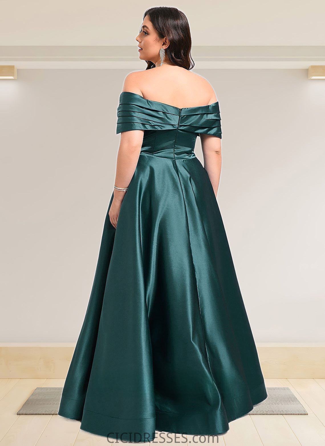 Katherine A-line Off the Shoulder Floor-Length Satin Prom Dresses With Pleated CIC8P0025851