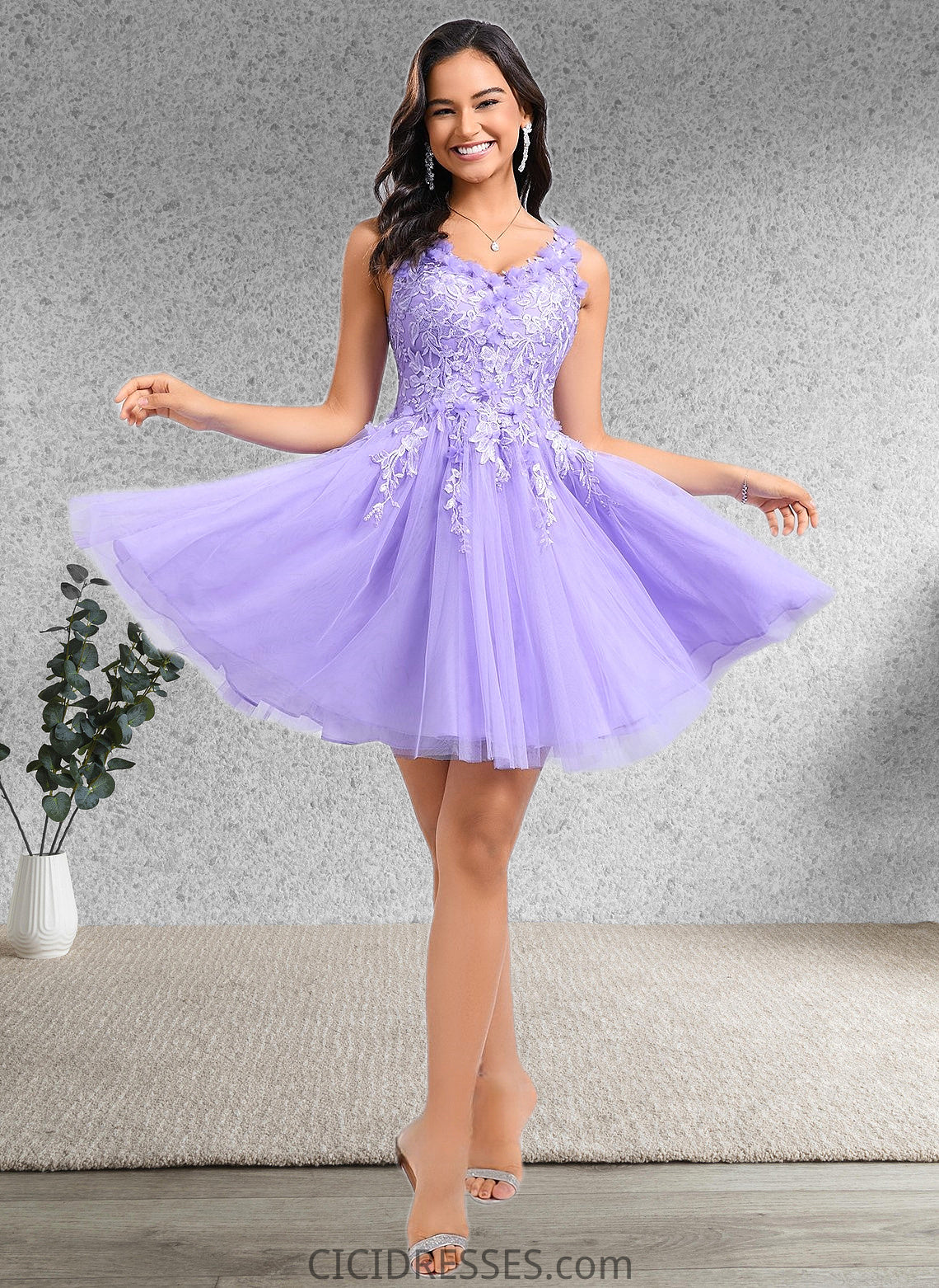 Maritza Ball-Gown/Princess V-Neck Short Lace Tulle Homecoming Dress With Flower CIC8P0025656