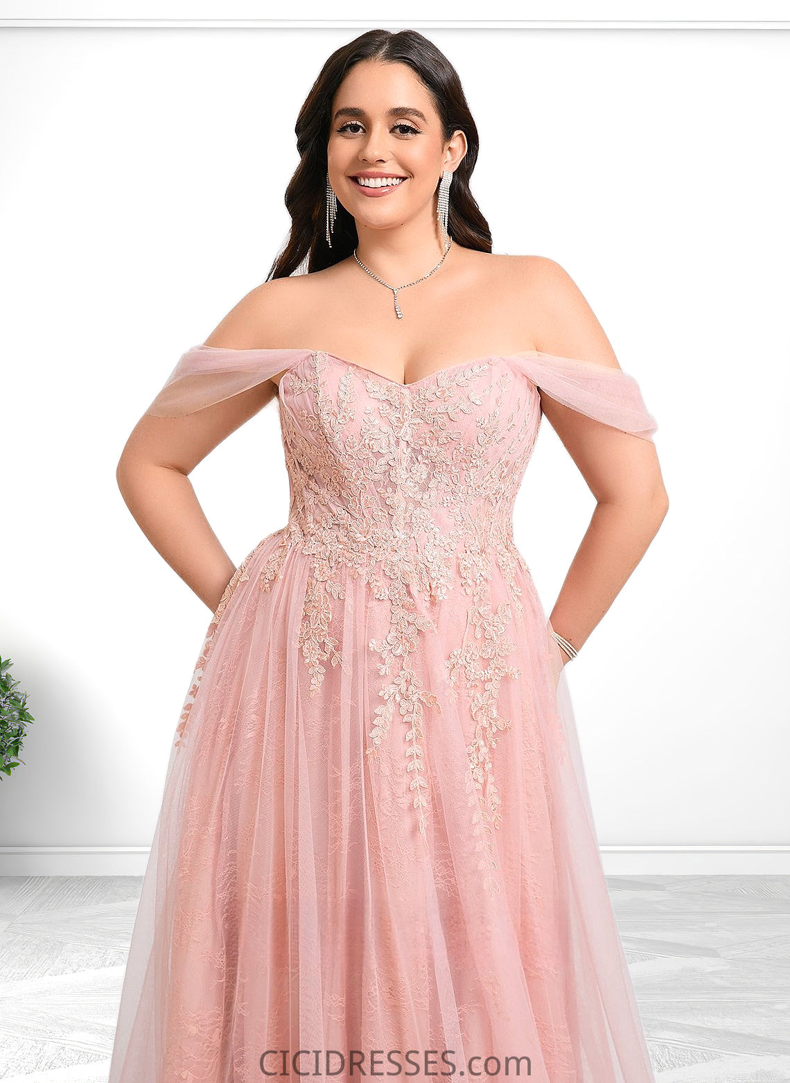 Kayley A-line Sweetheart Off the Shoulder Floor-Length Tulle Floral Lace Prom Dresses With Appliques Lace CIC8P0025870