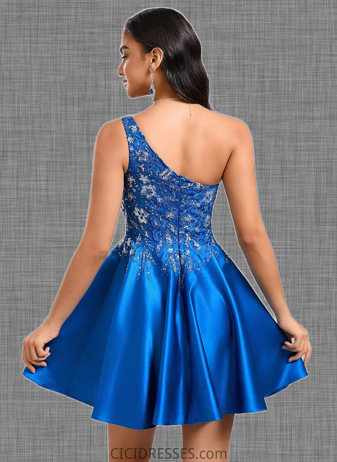 Kaydence A-line One Shoulder Short Satin Homecoming Dress With Appliques Lace Sequins CIC8P0025657