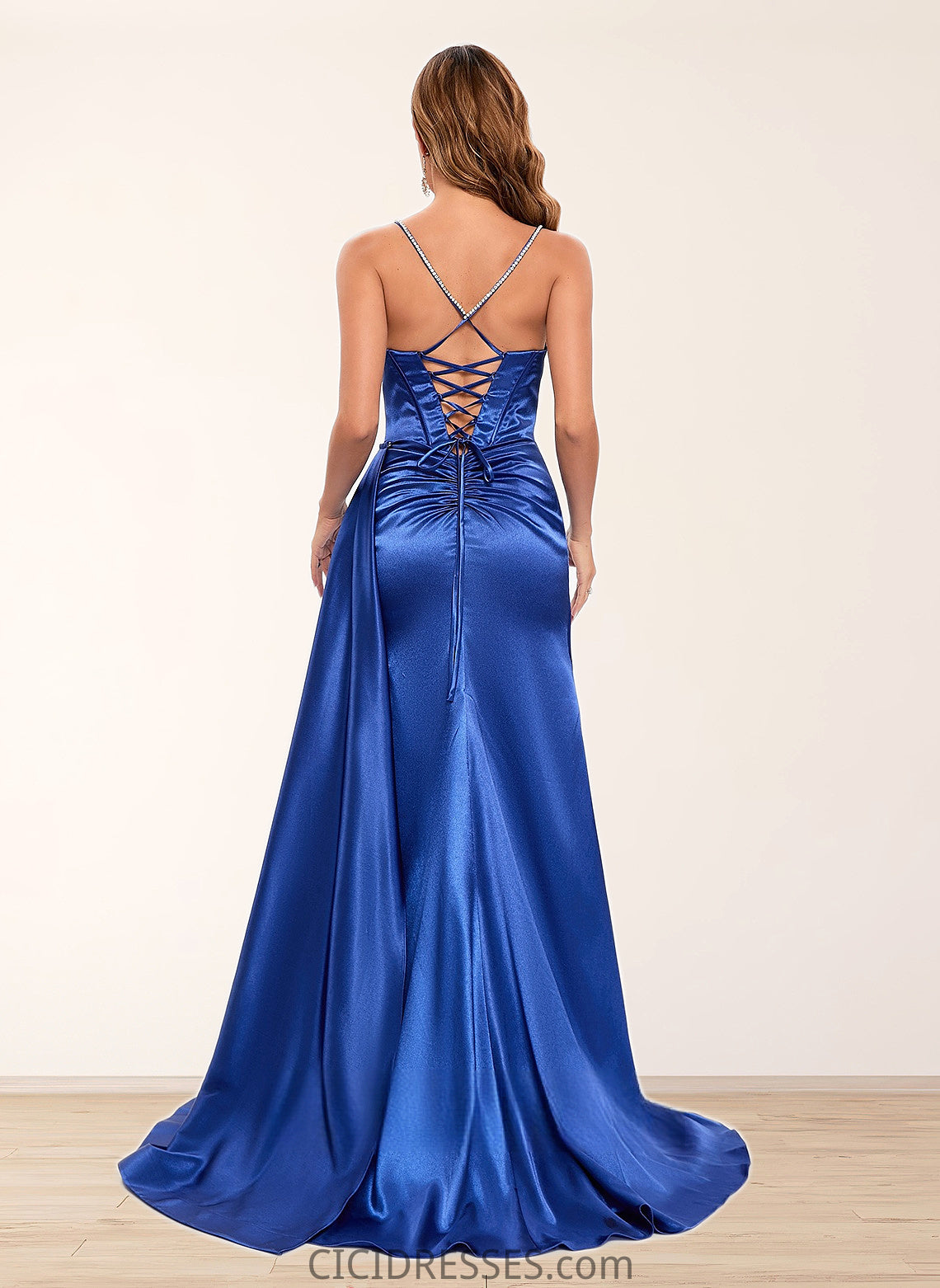 Rayne Trumpet/Mermaid Straight Sweep Train Stretch Satin Prom Dresses With Rhinestone CIC8P0025861