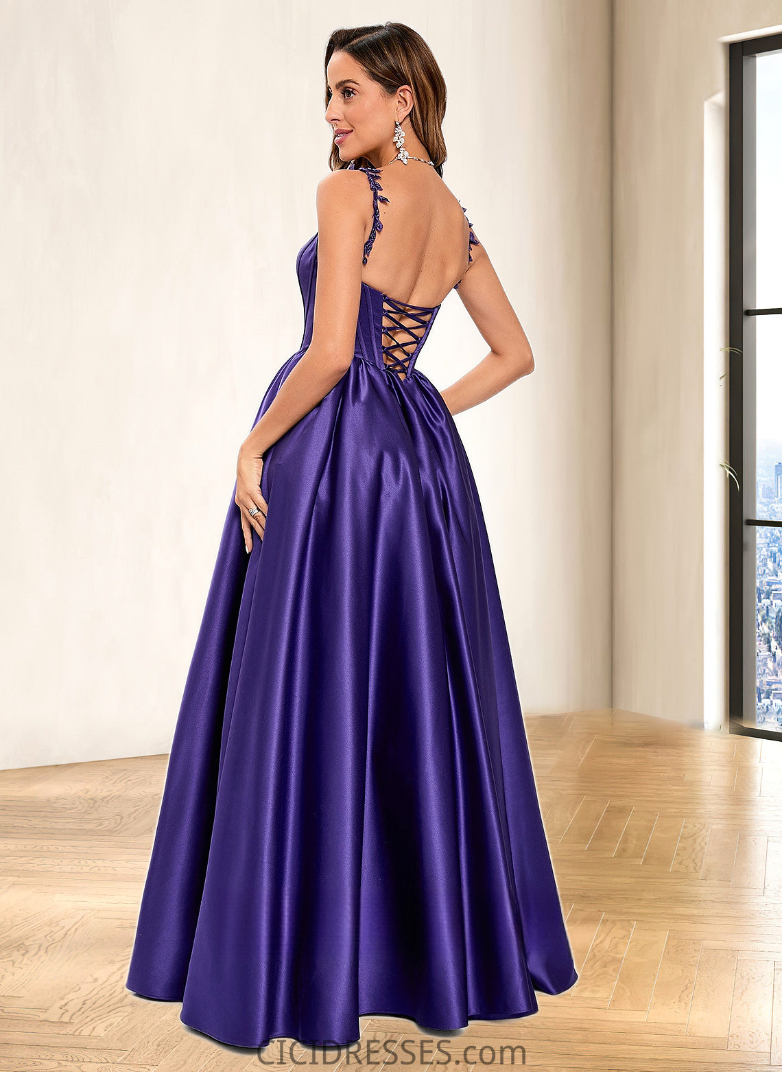 Madelyn Ball-Gown/Princess Scoop Floor-Length Satin Prom Dresses With Appliques Lace Beading CIC8P0025865