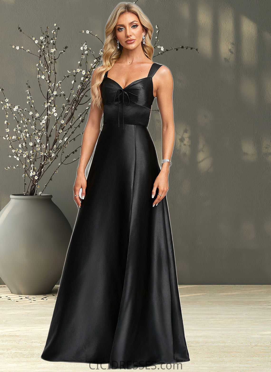 Janessa A-line V-Neck Floor-Length Stretch Satin Prom Dresses With Bow CIC8P0025882