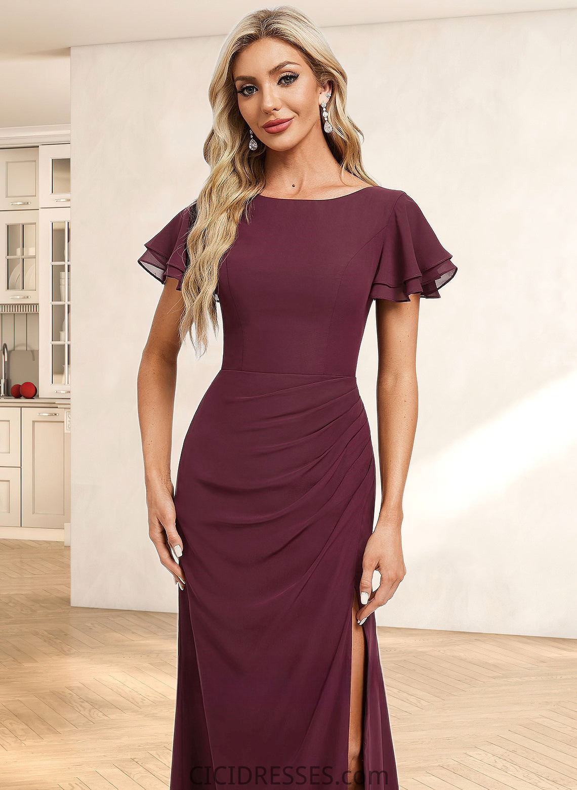 Shirley A-line Boat Neck Floor-Length Chiffon Bridesmaid Dress With Ruffle CIC8P0025827