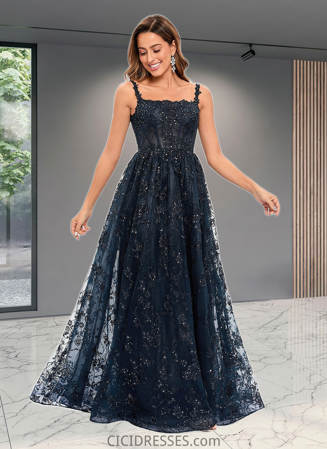 Louisa A-line Square Floor-Length Organza Lace Floral Prom Dresses With Sequins CIC8P0025844