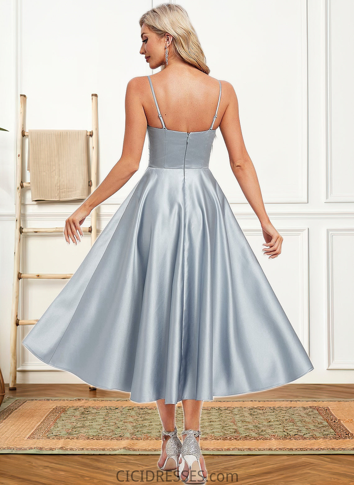 Lyric A-line V-Neck Tea-Length Satin Bridesmaid Dress CIC8P0025794