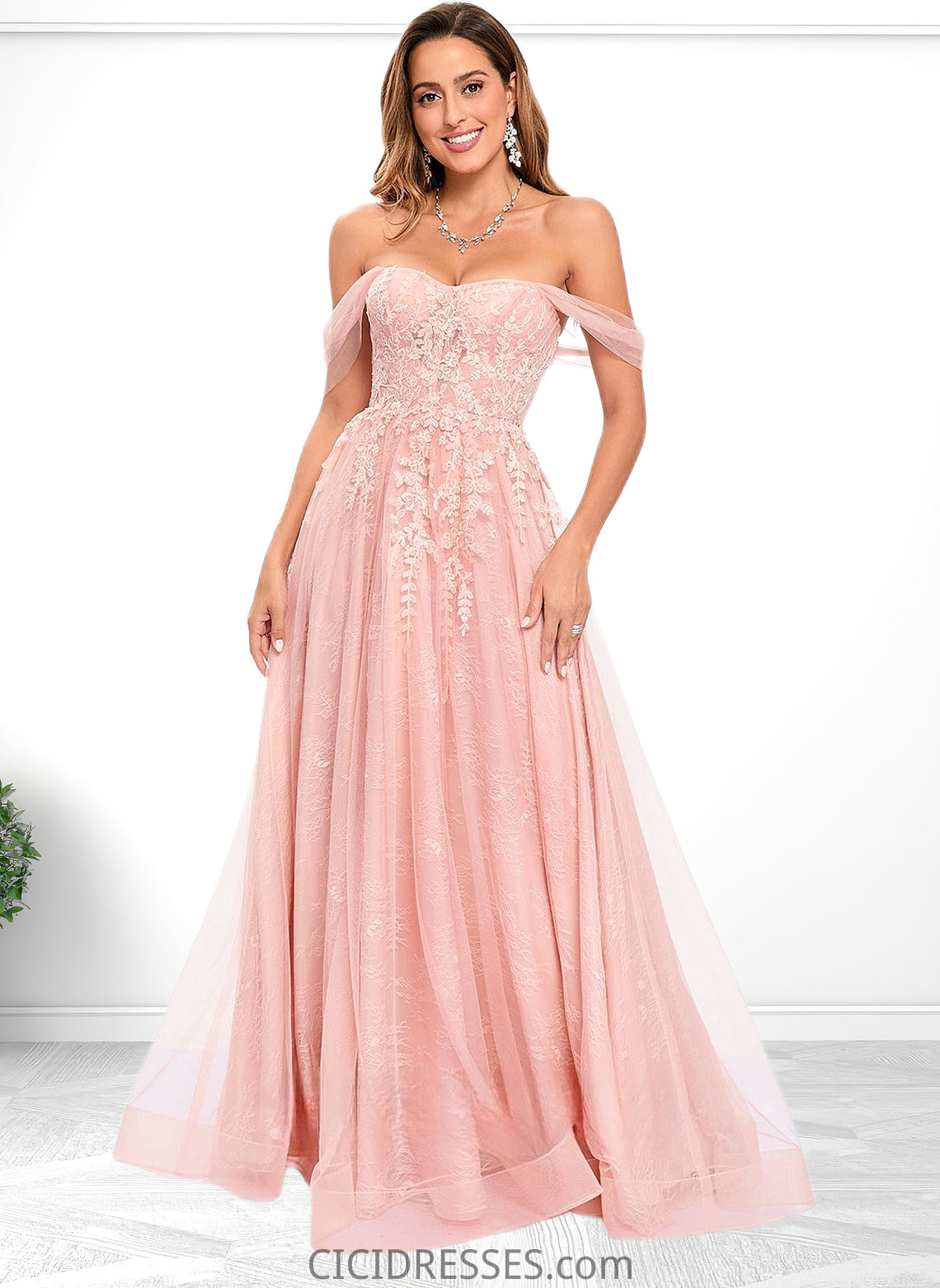 Kayley A-line Sweetheart Off the Shoulder Floor-Length Tulle Floral Lace Prom Dresses With Appliques Lace CIC8P0025870