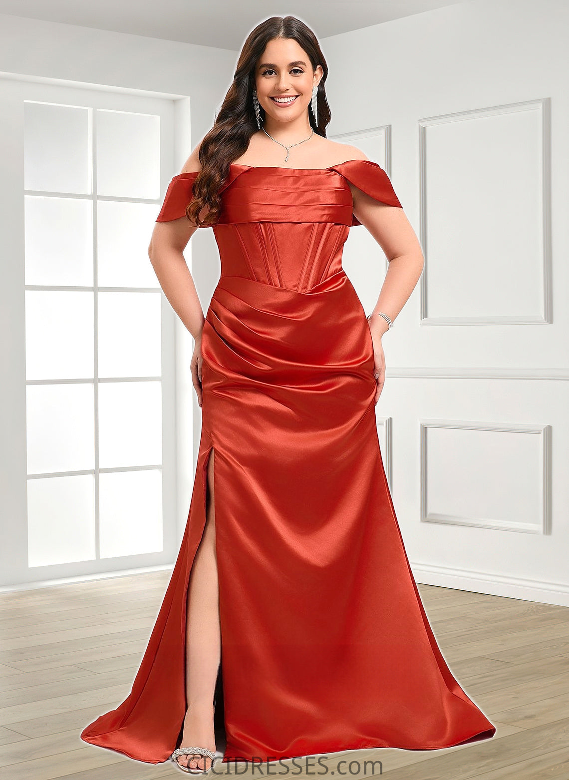 Gretchen Trumpet/Mermaid Off the Shoulder Sweep Train Satin Prom Dresses CIC8P0025832