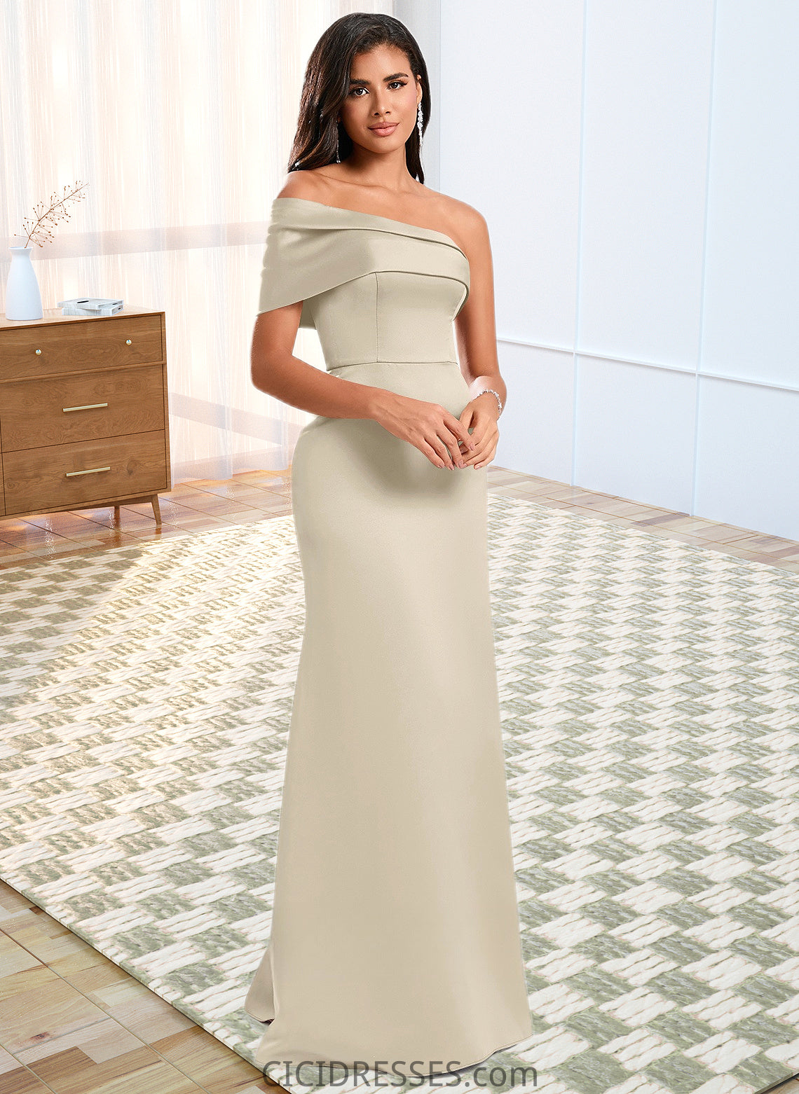 Nylah A-line Asymmetrical Off the Shoulder Floor-Length Satin Prom Dresses CIC8P0025884