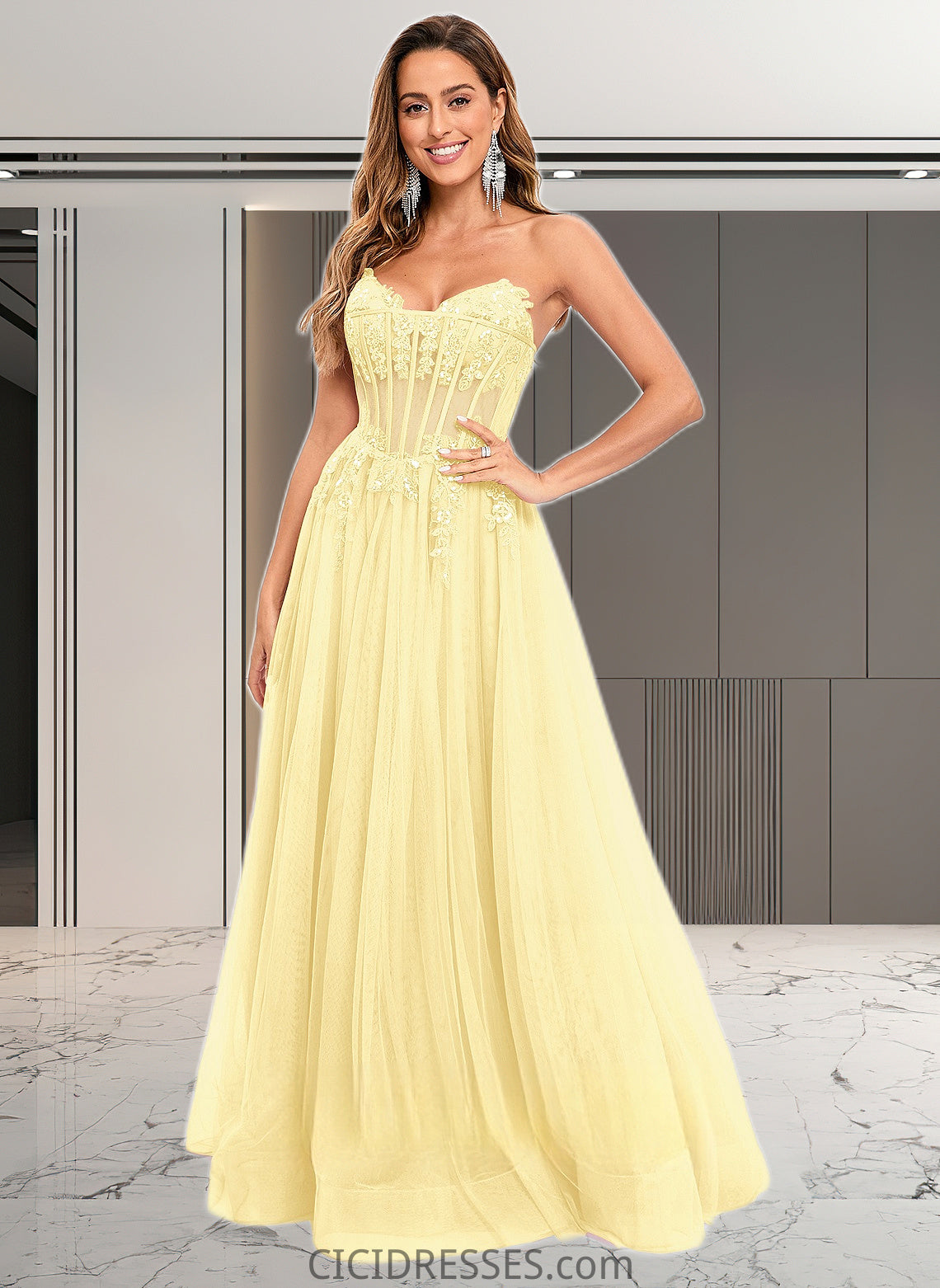 Lynn Ball-Gown/Princess V-Neck Floor-Length Tulle Prom Dresses With Sequins Appliques Lace CIC8P0025837