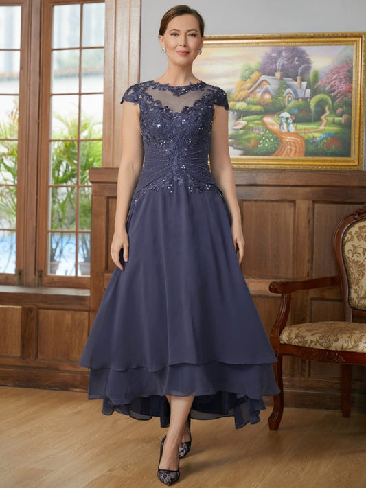 Zara A-Line/Princess Chiffon Applique Scoop Short Sleeves Asymmetrical Mother of the Bride Dresses CIC8P0020307