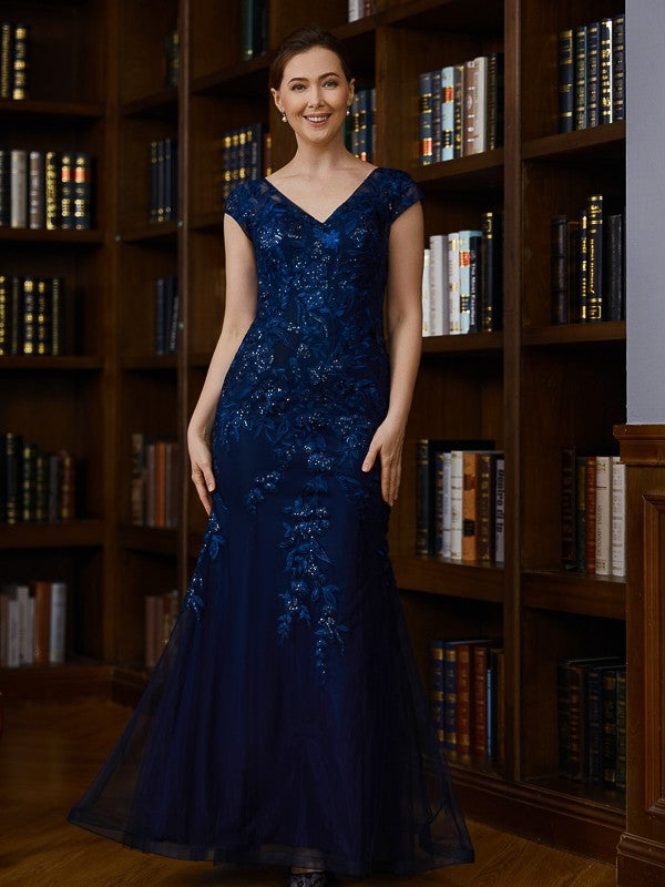 Zoe Sheath/Column Tulle Applique V-neck Short Sleeves Floor-Length Mother of the Bride Dresses CIC8P0020241