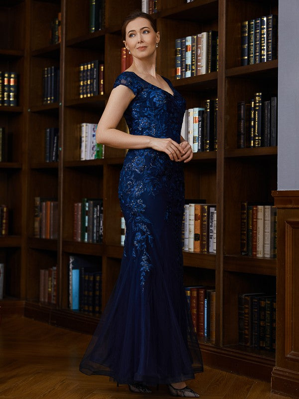 Zoe Sheath/Column Tulle Applique V-neck Short Sleeves Floor-Length Mother of the Bride Dresses CIC8P0020241