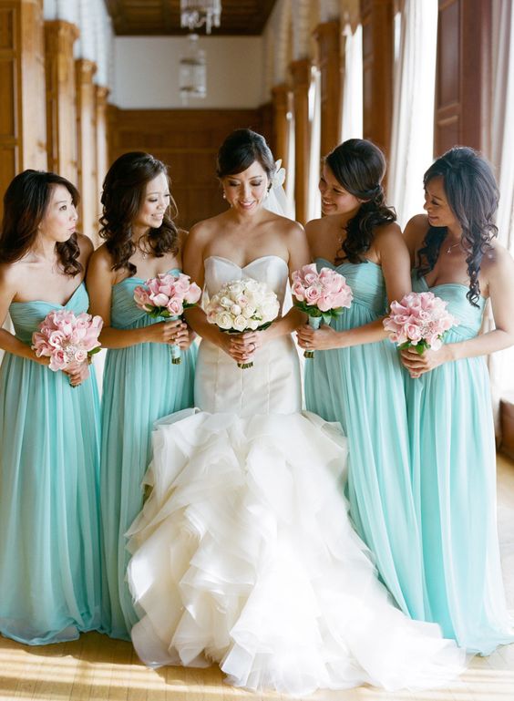 2024 Cheap A Line Mint Chiffon Sweetheart Long Bridesmaid Dresses / Gowns