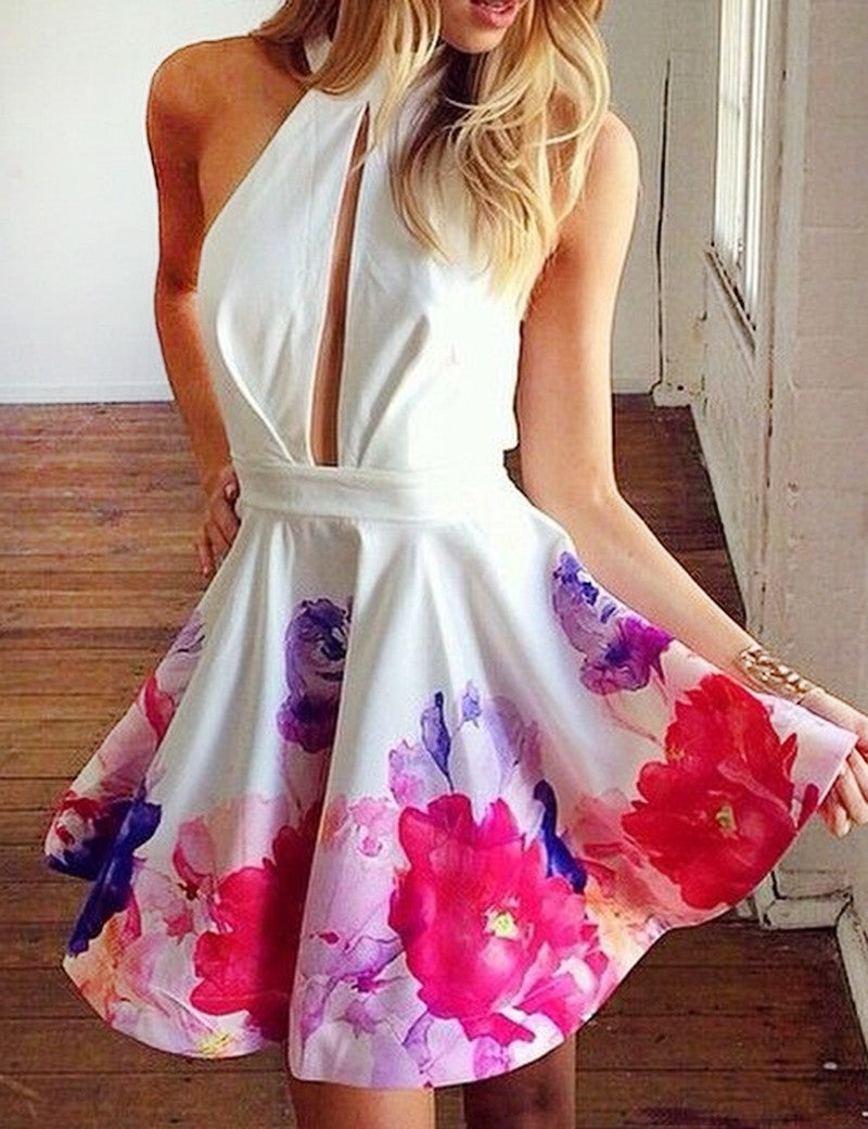 Princess/A-Line Jewel Keyhole Backless Printed White Short Prom Dresses