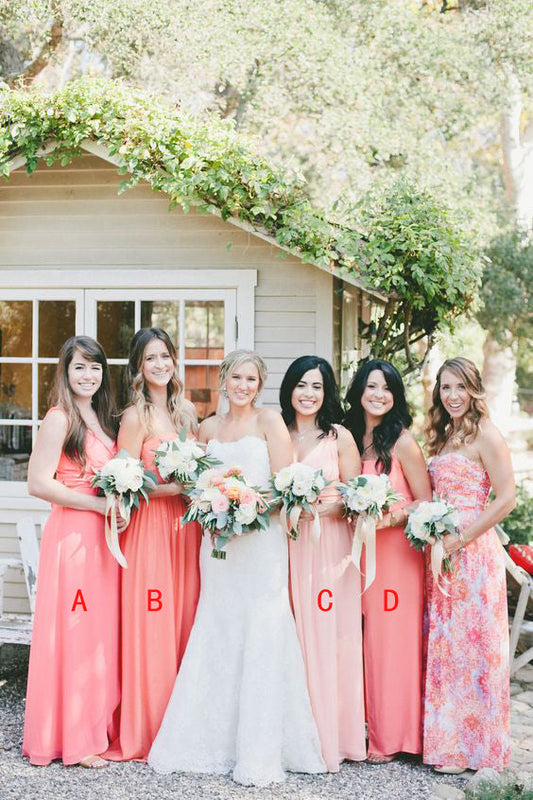 2024 Cheap A Line Chiffon Water Melon Long Bridesmaid Dresses / Gowns