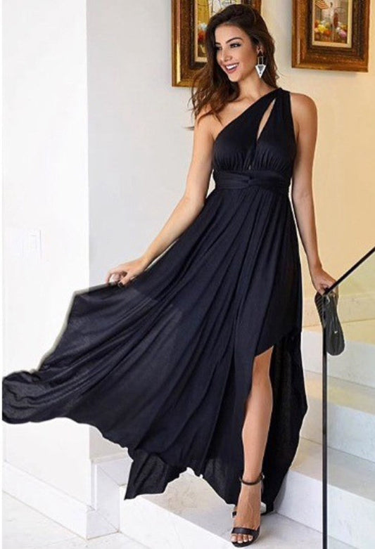 Dark Navy One Shoulder Side Slit Chiffon Prom Dresses Cheap