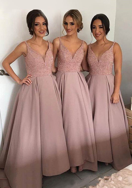 Satin Sweep Train A-Line Sleeveless V-Neck Bridesmaid Dresses / Gowns With Sequins