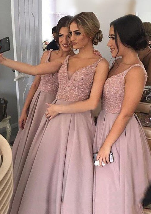 Satin Sweep Train A-Line Sleeveless V-Neck Bridesmaid Dresses / Gowns With Sequins