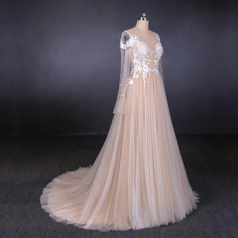 Sexy Sheer Neck Long Sleeves Tulle Wedding Dress, Charming Tulle Bridal Dress with Lace N2307