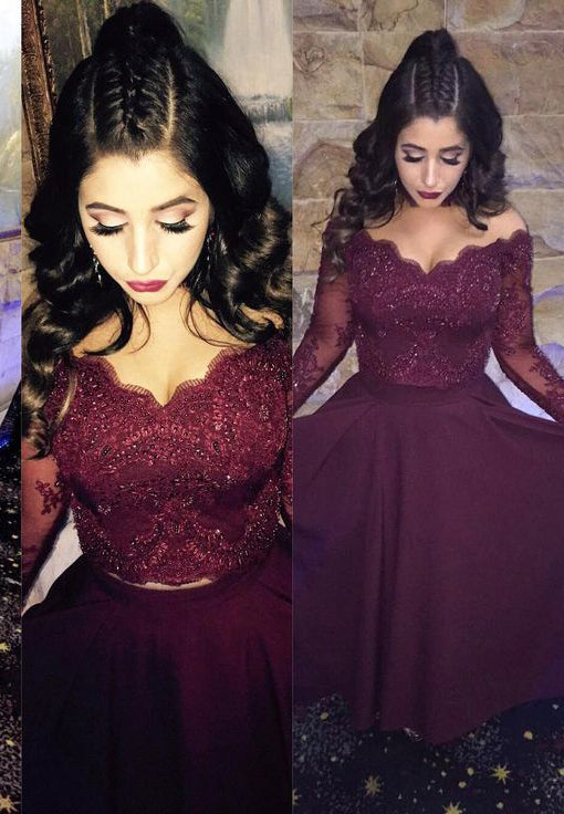 2024 Siren Princess/A-Line Satin Burgundy Long Sleeves Prom Dresses Two Pieces