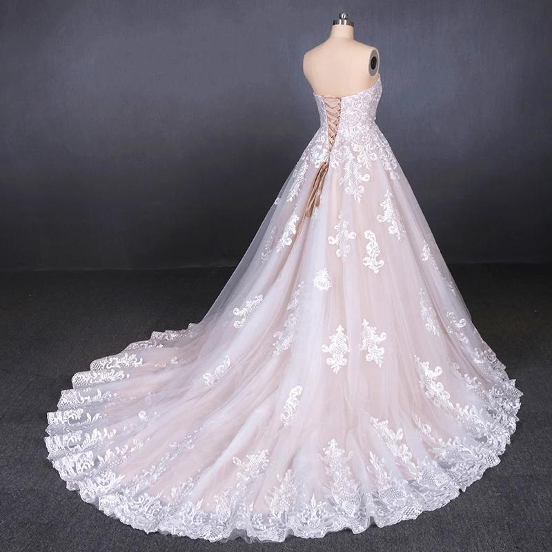 Puffy Strapless Tulle Wedding Dress with Lace Appliques, Long Train Lace Up Bridal Dress N2300