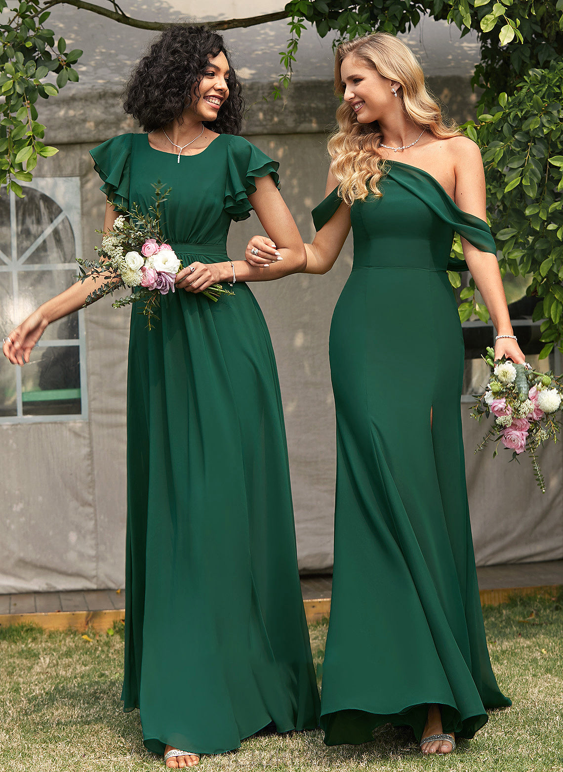 Floor-Length Embellishment Neckline Silhouette Length Trumpet/Mermaid SplitFront Fabric One-Shoulder Averie Sleeveless Spaghetti Staps Bridesmaid Dresses